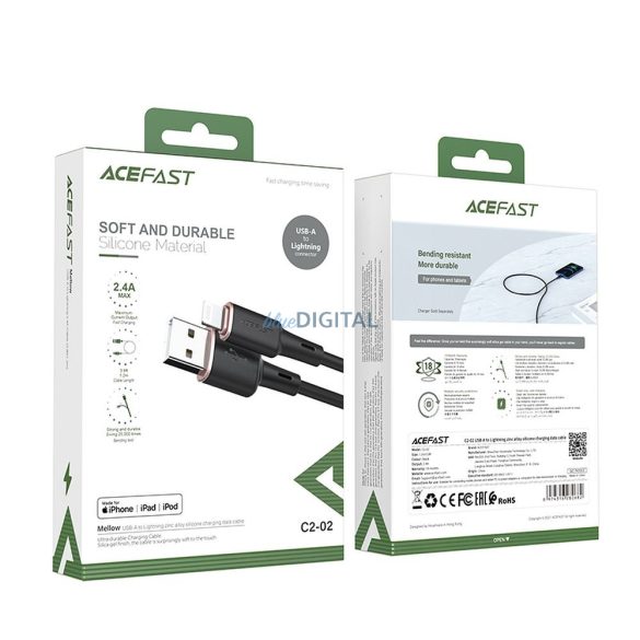 ACEFAST kábel USB A tp Lightning 8-pin MFI 2,4A C2-02 szilikon 1,2m fekete