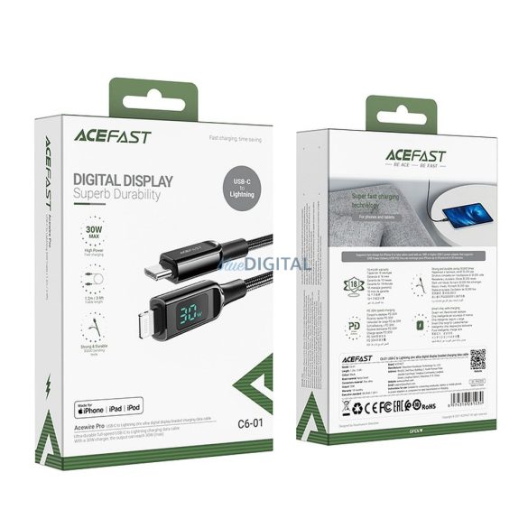 ACEFAST Type-C kábel Lightning 8 pólusú MFI 3A PD30W LCD C6-01 1,2m fekete