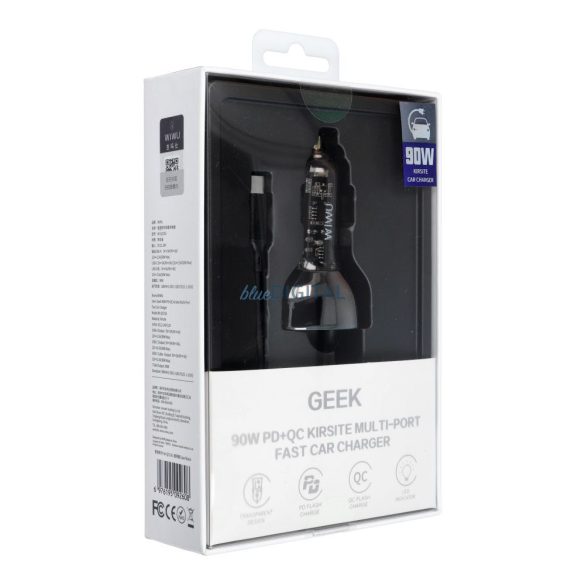 WiWU Geek Series Wi-QC016 autós töltő 1xUSB-A és 1xUSB-C csatlakozással és rögzített Type-C kábellel 90W - ezüst színű