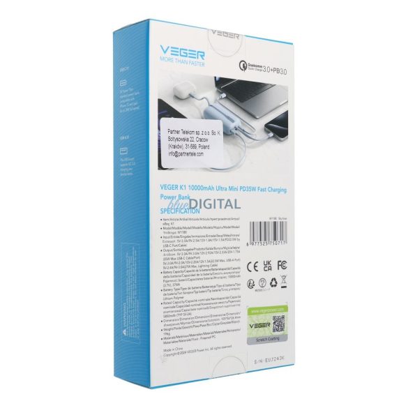 Veger W1188 powerbank beépített Type-C és Lightning kábellel 10000mAh 35W QC3.0 PD - kék