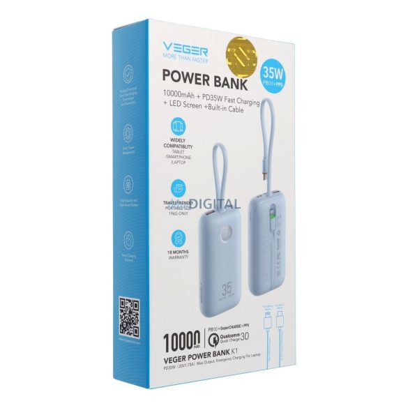 Veger W1188 powerbank beépített Type-C és Lightning kábellel 10000mAh 35W QC3.0 PD - kék