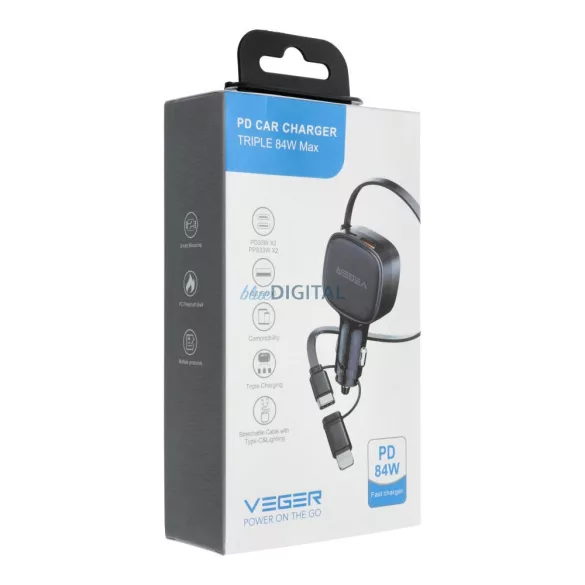 VEGER autós töltő USB C + kábel USB C / Lightning QC PD 84W CC89 fekete