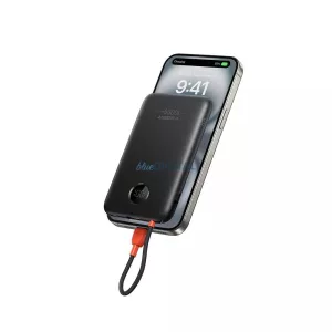 Powerbank 10000 mAh beépített USB-C kábellel QC3.0 PD 2A 22,5W K1C W1189 - fekete