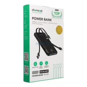 Charmast W1148 powerbank 5V 3A 10000 mAh beépített kábelekkel USB-A / USB-C / Lightning / Micro USB - fekete