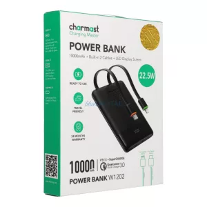 Charmast W1202 powerbank PD3.0 3A 22,5W 10000 mAh beépített kábelekkel USB-C / Lightning - fekete