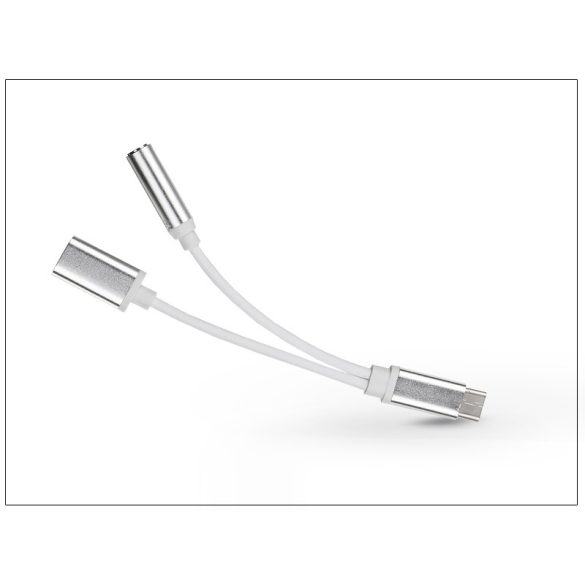 USB Type-C adapter 3,5 mm jack füllhallgatóhoz/Type-C töltőhöz - fehér/ezüst