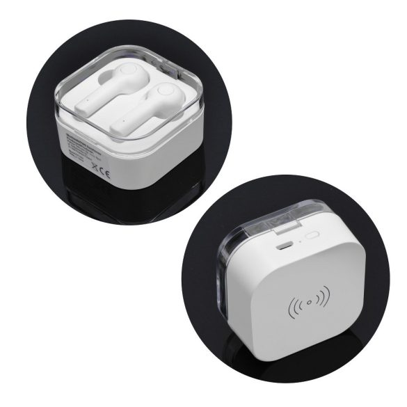 TWS sztereó Bluetooth headset v5.0 + töltő dokkoló - TWS EP002 Earphone + Wireless Charging - white