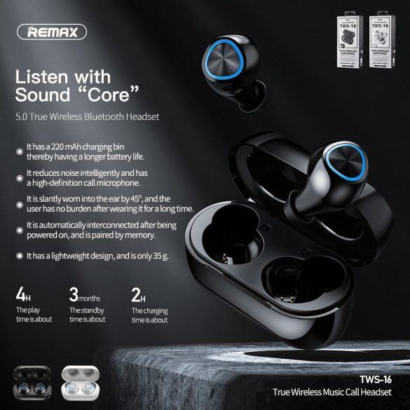 Remax Bluetooth sztereó TWS headset v5.0 + töltőtok - Remax TWS-16 Wireless Headset - black