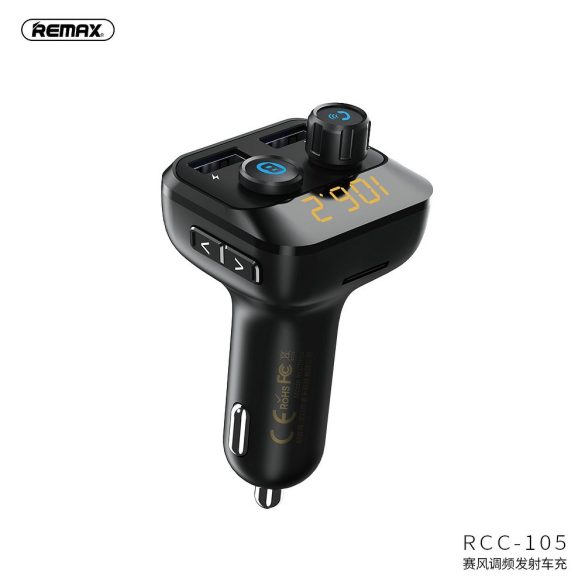 Remax Bluetooth FM-transmitter/szivargyújtó töltő - 2xUSB + microSD-kártyaolvasó - Remax RCC105 - black 