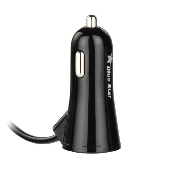 USB Type-C szivargyújtós gyorstöltő spirál kábellel + USB bemenettel - 5V/3A - fekete