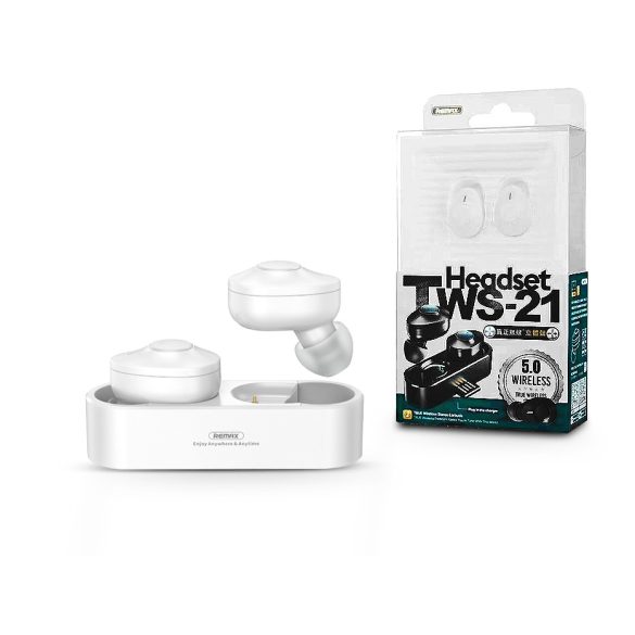 Remax TWS Bluetooth sztereó headset v5.0 + töltőtok - Remax TWS-21 Wireless Earbuds True Stereo - fehér