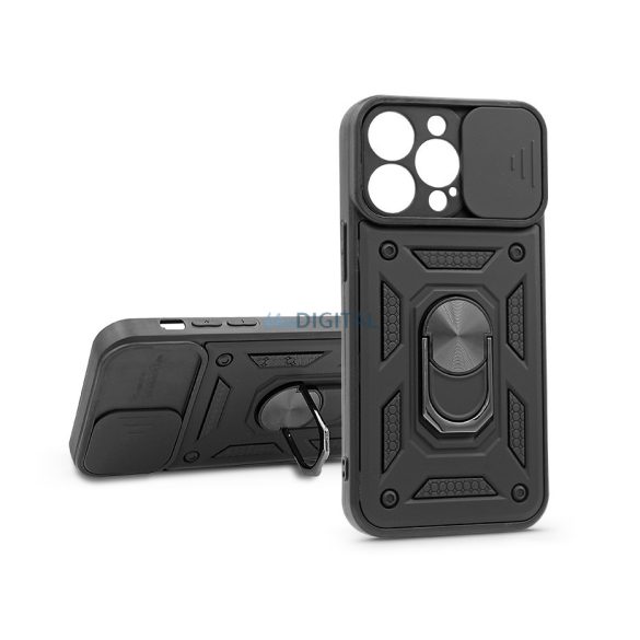 Apple iPhone 13 Pro ütésálló hátlap gyűrűvel és kameravédővel - Slide Armor -   fekete