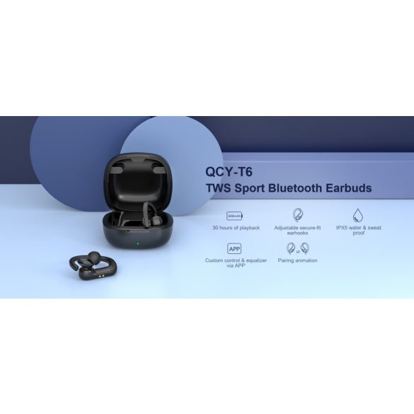QCY Bluetooth sztereó TWS sport headset v5.0 + töltő dokkoló - QCY T6 TWSSport  Bluetooth Earbuds - fekete