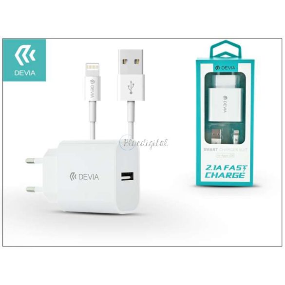 Devia USB hálózati töltő adapter + USB - Lightning kábel 1,2 m-es vezetékkel -  5V/2,1A - Devia Smart Fast Charger Suit - fehér