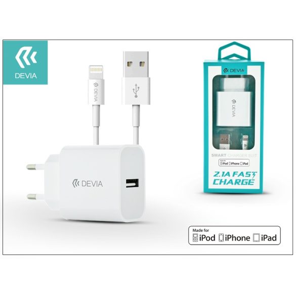 Devia USB hálózati töltő adapter + USB - Lightning kábel (MFI engedélyes) -     5V/2,1A - Devia Smart Fast Charger Suit - fehér