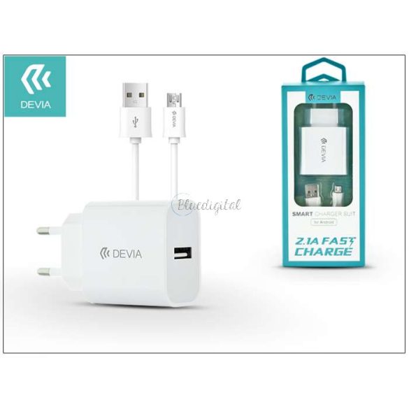 Devia USB hálózati töltő adapter + micro USB kábel 1 m-es vezetékkel - Devia    Smart USB Fast Charge for Android - 5V/2,1A - fehér