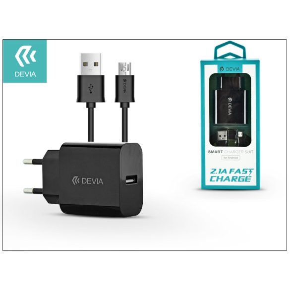Devia USB hálózati töltő adapter + USB - micro USB kábel 1 m-es vezetékkel -    Devia Smart USB Fast Charge for Android - 5V/2,1A - fekete