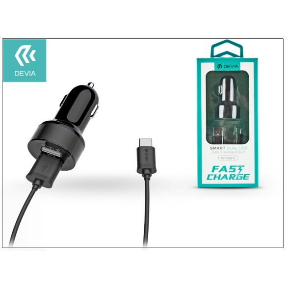 Devia Dual szivargyújtós töltő adapter + USB Type-C kábel 1 m-es vezetékkel - Devia Smart Dual USB Fast Charge for Type-C - 5V/2,4A - black