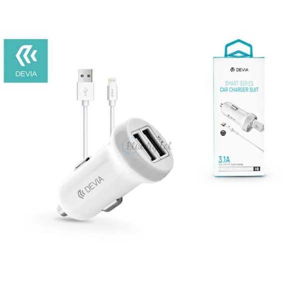 Devia szivargyújtós töltő adapter 2xUSB bemenettel + USB - Lightning kábel -    5V/3,1A - Devia Smart Series Dual Car Charger Suit - fehér