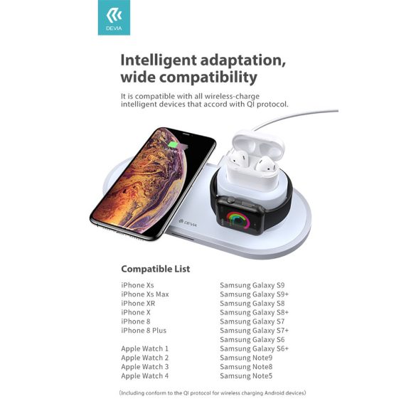 Devia Qi univerzális vezeték nélküli töltő állomás - 18W - Devia V.3 3in1 Wireless Charger for Smartphone + Apple Watch + Earphone - white 