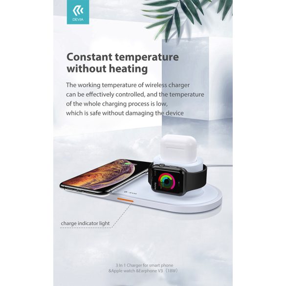 Devia Qi univerzális vezeték nélküli töltő állomás - 18W - Devia V.3 3in1 Wireless Charger for Smartphone + Apple Watch + Earphone - white 