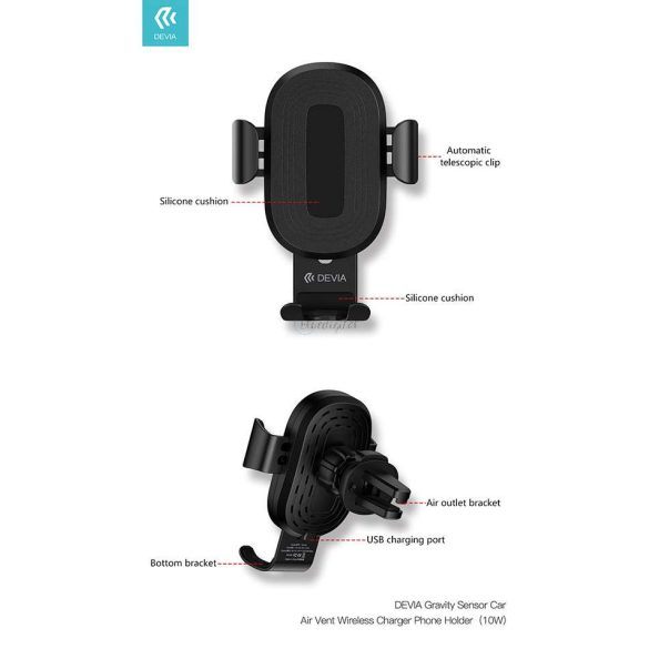 Devia szellőzőrácsba illeszthető vezeték nélküli autós töltő/tartó - 5V/2A -    Devia Sensor Car Air Vent Wireless Charger Phone Holder - 10W - Qi szabványos - fekete