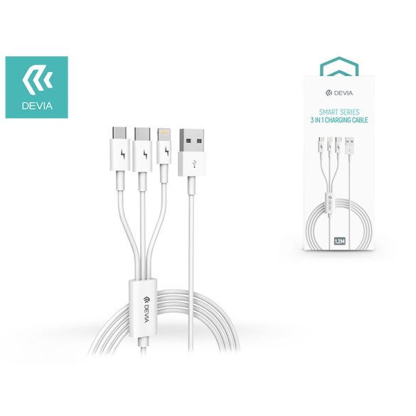 Devia USB töltőkábel 1,2 m-es vezetékkel - Devia Smart Series 3in1 for          Lightning/micro USB/Type-C - 2A - fehér