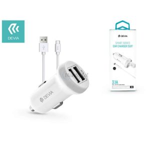 Devia 2xUSB szivargyújtó töltő adapter + USB - Type-C kábel 1 m-es vezetékkel - 5V/3,1A - Devia Smart Series Car Charger Suit - fehér