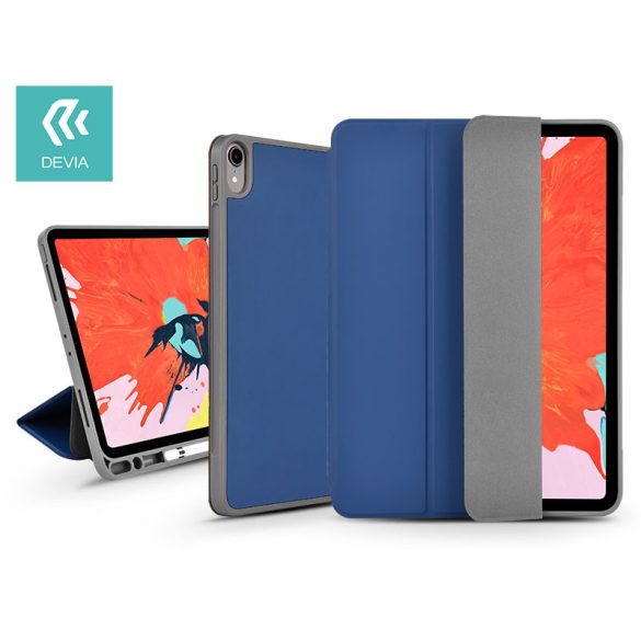 Apple iPad 10.2 (2019/2020/2021) tablet tok (Smart Case) on/off funkcióval, Apple Pencil tartóval, mágneses töltővel - Devia Leather Case With Pencil Slot - sötétkék