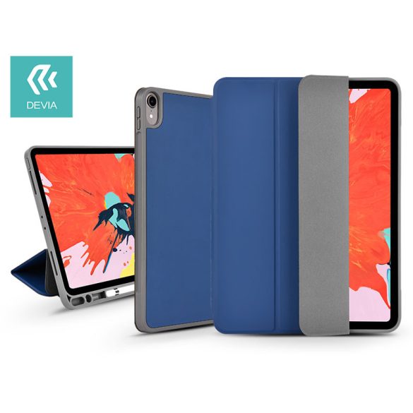 Apple iPad 10.2 (2019/2020/2021) tablet tok (Smart Case) on/off funkcióval, Apple Pencil tartóval, mágneses töltővel - Devia Leather Case With Pencil Slot - sötétkék