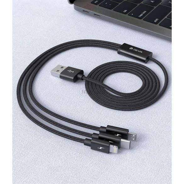 Devia USB töltőkábel 1,2 m-es vezetékkel - Devia Gracious Series 3in1 for       Lightning/microUSB/Type-C - 5V/3A - fekete