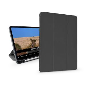 Apple iPad Pro 12.9 (2020/2021/2022) tablet tok (Smart Case) on/off funkcióval, Apple Pencil tartóval, mágneses töltővel - Devia Leather Case With Pencil Slot -fekete