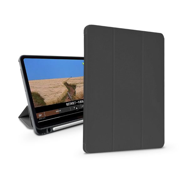 Apple iPad Pro 12.9 (2020/2021/2022) tablet tok (Smart Case) on/off funkcióval, Apple Pencil tartóval, mágneses töltővel - Devia Leather Case With Pencil Slot -fekete