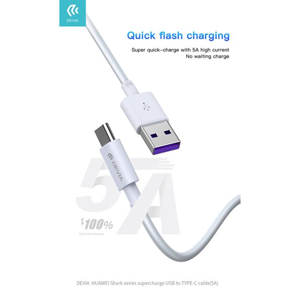 Devia USB - USB Type-C töltő- és adatkábel 1,5 m-es vezetékkel - Devia Shark    Supercharge USB Type-C - 5A - fehér