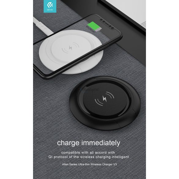 Devia Qi univerzális vezeték nélküli töltő állomás - 15W - Devia Allen Series V3Ultra-Thin Wireless Charger - fekete