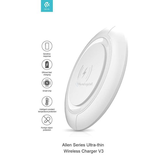 Devia Qi univerzális vezeték nélküli töltő állomás - 15W - Devia Allen Series V3Ultra-Thin Wireless Charger - fehér