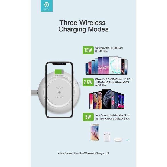 Devia Qi univerzális vezeték nélküli töltő állomás - 15W - Devia Allen Series V3Ultra-Thin Wireless Charger - fehér