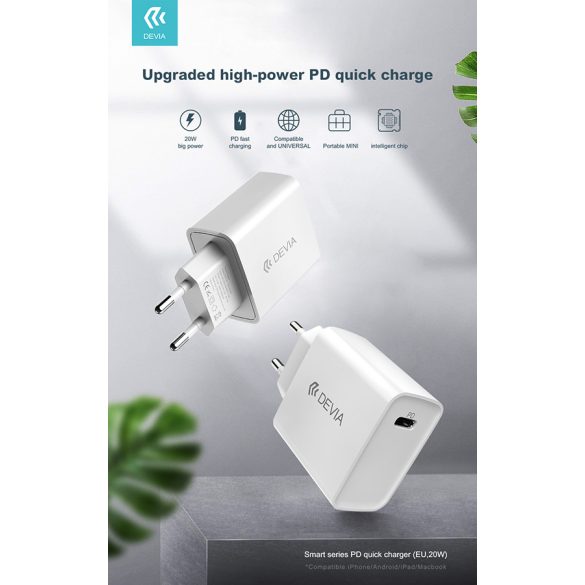 Devia hálózati töltő adapter Type-C bemenettel - 20W - Devia Smart Series PD3.0 Quick Charger - fehér