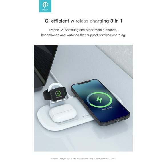 Devia Qi univerzális vezeték nélküli töltő állomás - 15W - Devia V.5 3in1       Wireless Charger for Smartphone + Apple Watch + Earphone - fehér