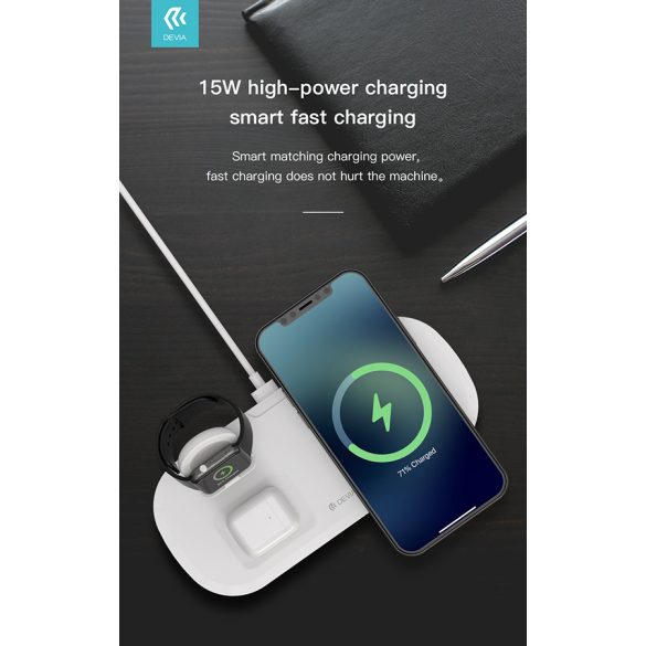 Devia Qi univerzális vezeték nélküli töltő állomás - 15W - Devia V.5 3in1       Wireless Charger for Smartphone + Apple Watch + Earphone - fehér