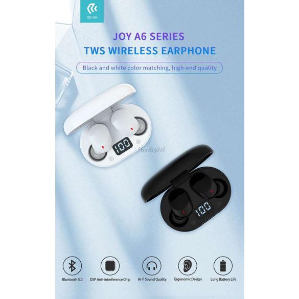 Devia TWS Bluetooth sztereó headset v5.0 + töltőtok - Devia Joy A6 Series True  Wireless Earphones with Charging Case - fekete