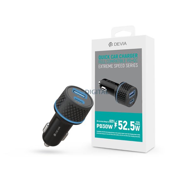 Devia szivargyújtó töltő adapter USB + Type-C bemenettel - 52,5W - Devia ExtremeSpeed Series Quick Car Charger PD 30W + QC 3.0 - fekete