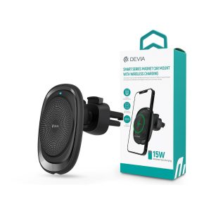 Devia szellőzőrácsba illeszthető vezeték nélküli autós töltő/tartó MagSafe      funkcióval - 15W - Devia Smart Series Magnet Car Mount With Wireless Charging - fekete