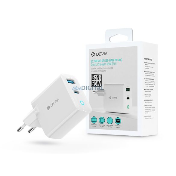 Devia GaN hálózati töltő adapter USB + Type-C bemenettel - 65W - Devia Extreme  Speed GaN PD + QC Quick Charger - fehér