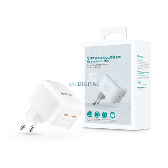 Devia GaN hálózati töltő adapter 2xType-C bemenettel - 45W - Devia Extreme SpeedSeries PD 45W 2C Quick Charger - fehér