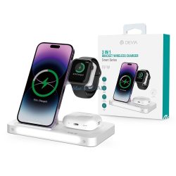   Devia Qi univerzális vezeték nélküli töltő állomás - 15W - Devia Smart Series 3 In 1 Bracket Wireless Charger for Smartphone + iWatch + Airpods - fehér