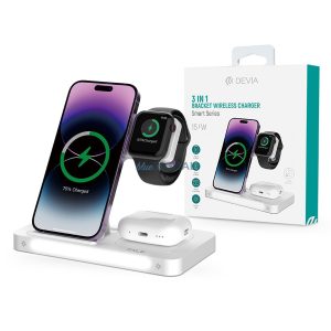 Devia Qi univerzális vezeték nélküli töltő állomás - 15W - Devia Smart Series 3 In 1 Bracket Wireless Charger for Smartphone + iWatch + Airpods - fehér