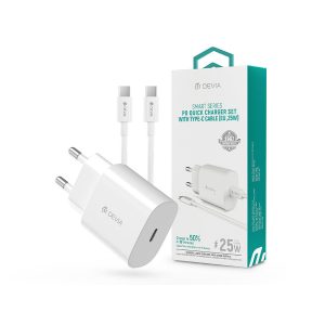 Devia hálózati töltő adapter Type-C bemenettel + Type-C - Type-C adatkábel - 25W - Devia Smart Series PD Quick Charger Set - fehér