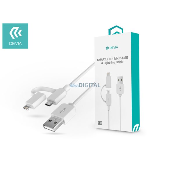 Devia USB adat- és töltőkábel 1 m-es vezetékkel - Devia Smart 2in1 Charging     Cable for Lightning/Micro USB - fehér