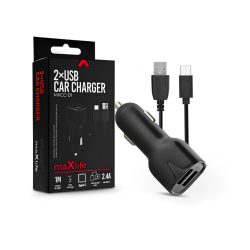  Maxlife 2xUSB szivargyújtó töltő adapter + USB - Type-C kábel 1 m-es vezetékkel - Maxlife MXCC-01 Type-C 2xUSB Car Fast Charger - 5V/2,4A - fekete
